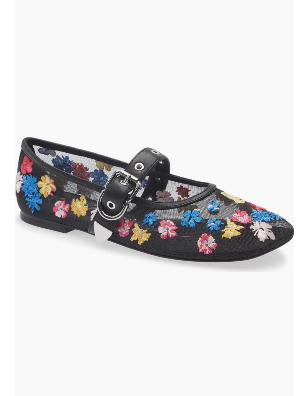 3.1 Phillip Lim Black Mesh Mary Jane Flats with Multicolor Floral Embroidery